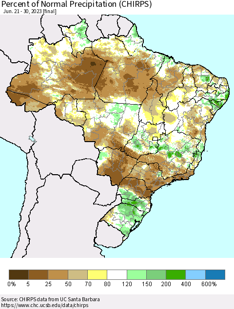 Brazil Percent of Normal Precipitation (CHIRPS) Thematic Map For 6/21/2023 - 6/30/2023