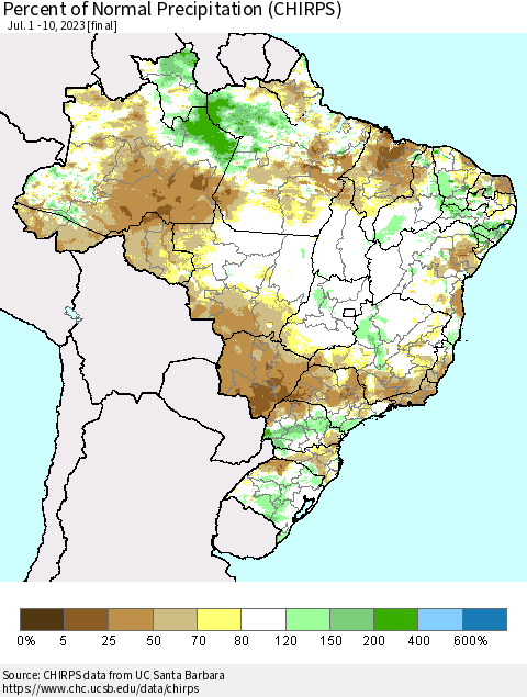 Brazil Percent of Normal Precipitation (CHIRPS) Thematic Map For 7/1/2023 - 7/10/2023