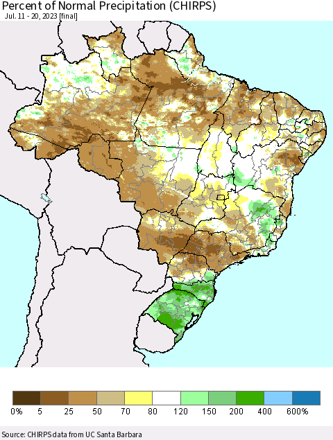 Brazil Percent of Normal Precipitation (CHIRPS) Thematic Map For 7/11/2023 - 7/20/2023