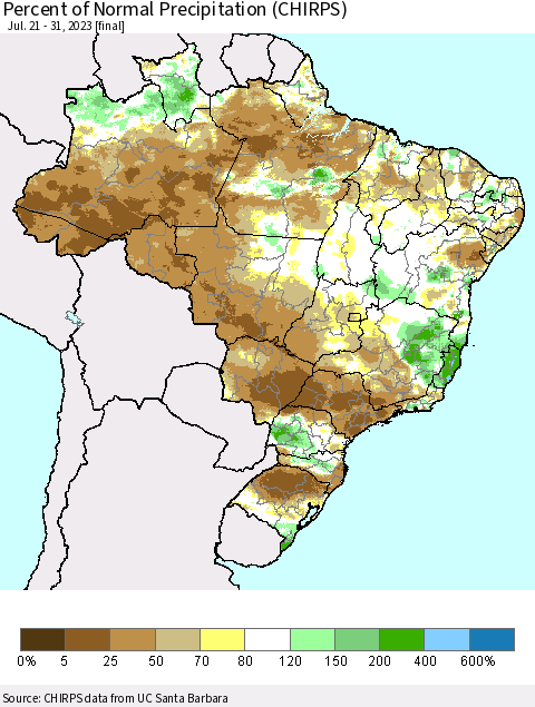 Brazil Percent of Normal Precipitation (CHIRPS) Thematic Map For 7/21/2023 - 7/31/2023