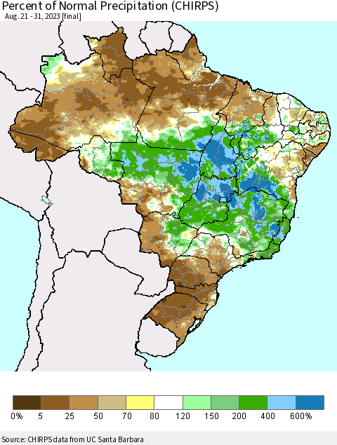 Brazil Percent of Normal Precipitation (CHIRPS) Thematic Map For 8/21/2023 - 8/31/2023