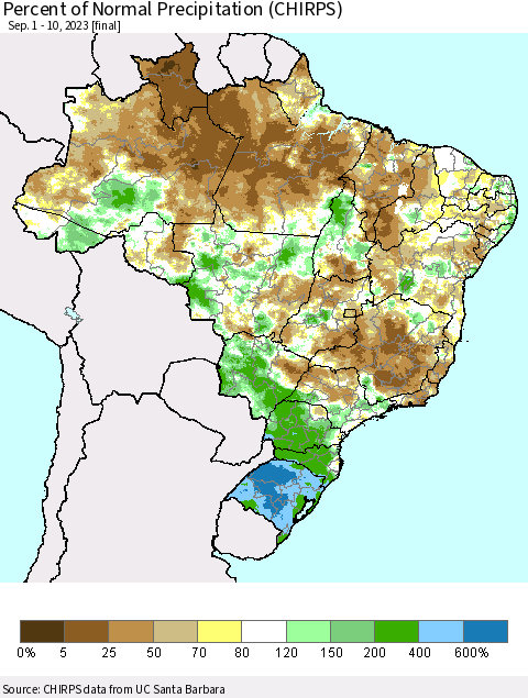 Brazil Percent of Normal Precipitation (CHIRPS) Thematic Map For 9/1/2023 - 9/10/2023