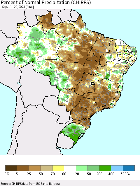 Brazil Percent of Normal Precipitation (CHIRPS) Thematic Map For 9/11/2023 - 9/20/2023