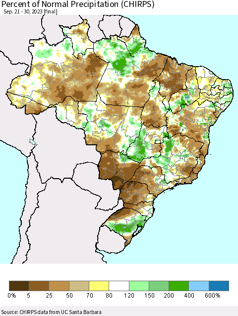 Brazil Percent of Normal Precipitation (CHIRPS) Thematic Map For 9/21/2023 - 9/30/2023