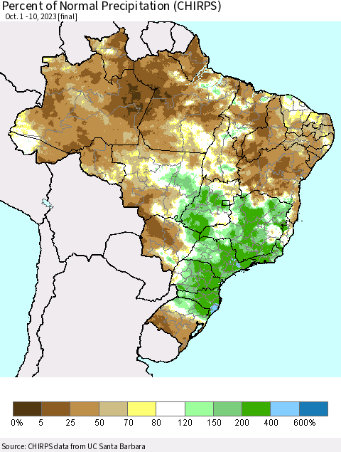 Brazil Percent of Normal Precipitation (CHIRPS) Thematic Map For 10/1/2023 - 10/10/2023