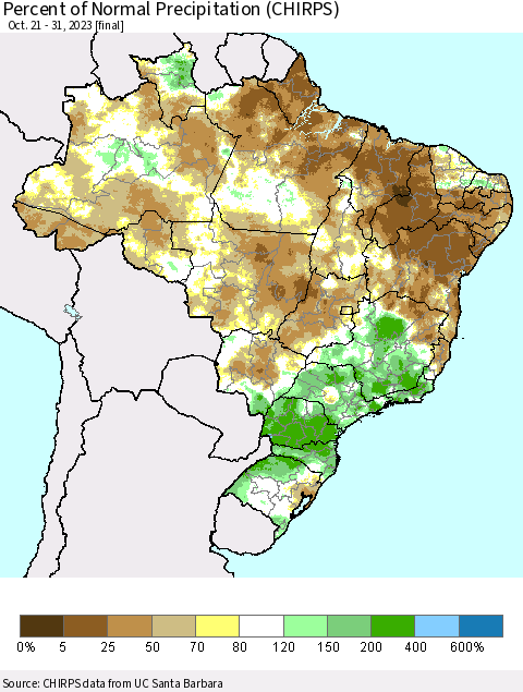 Brazil Percent of Normal Precipitation (CHIRPS) Thematic Map For 10/21/2023 - 10/31/2023