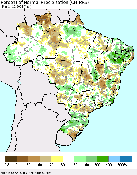 Brazil Percent of Normal Precipitation (CHIRPS) Thematic Map For 3/1/2024 - 3/10/2024