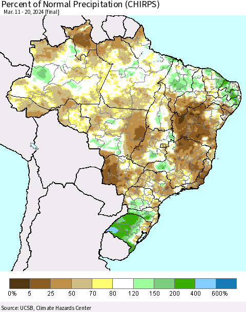 Brazil Percent of Normal Precipitation (CHIRPS) Thematic Map For 3/11/2024 - 3/20/2024