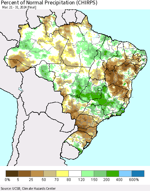 Brazil Percent of Normal Precipitation (CHIRPS) Thematic Map For 3/21/2024 - 3/31/2024