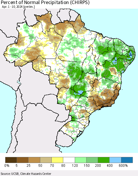Brazil Percent of Normal Precipitation (CHIRPS) Thematic Map For 4/1/2024 - 4/10/2024