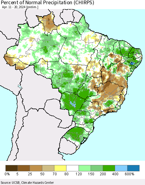 Brazil Percent of Normal Precipitation (CHIRPS) Thematic Map For 4/11/2024 - 4/20/2024