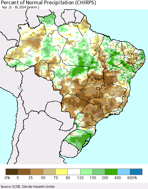 Brazil Percent of Normal Precipitation (CHIRPS) Thematic Map For 4/21/2024 - 4/30/2024