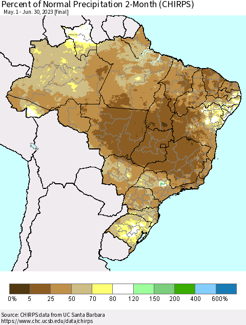 Brazil Percent of Normal Precipitation 2-Month (CHIRPS) Thematic Map For 5/1/2023 - 6/30/2023
