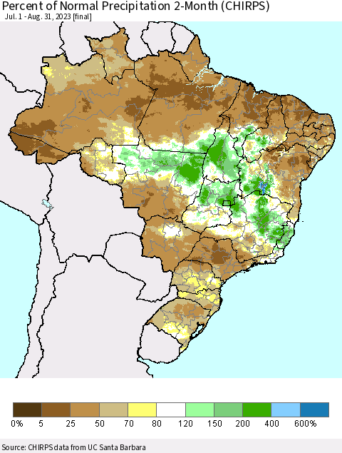 Brazil Percent of Normal Precipitation 2-Month (CHIRPS) Thematic Map For 7/1/2023 - 8/31/2023