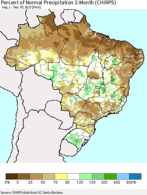 Brazil Percent of Normal Precipitation 2-Month (CHIRPS) Thematic Map For 8/1/2023 - 9/30/2023