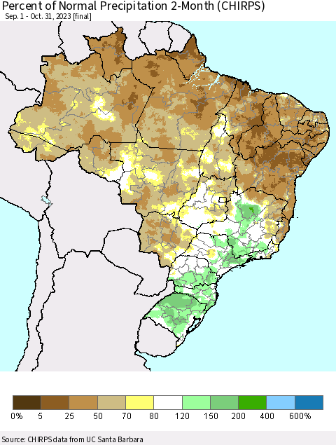 Brazil Percent of Normal Precipitation 2-Month (CHIRPS) Thematic Map For 9/1/2023 - 10/31/2023
