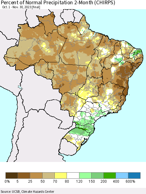 Brazil Percent of Normal Precipitation 2-Month (CHIRPS) Thematic Map For 10/1/2023 - 11/30/2023