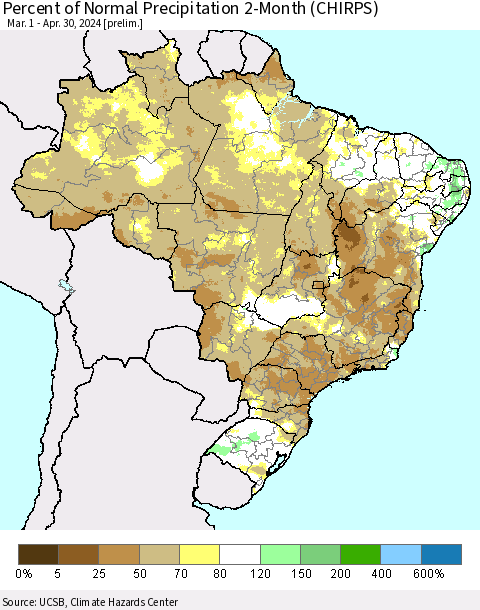 Brazil Percent of Normal Precipitation 2-Month (CHIRPS) Thematic Map For 3/1/2024 - 4/30/2024