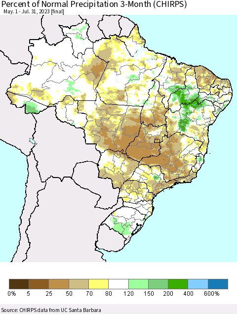 Brazil Percent of Normal Precipitation 3-Month (CHIRPS) Thematic Map For 5/1/2023 - 7/31/2023