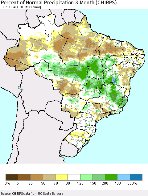 Brazil Percent of Normal Precipitation 3-Month (CHIRPS) Thematic Map For 6/1/2023 - 8/31/2023
