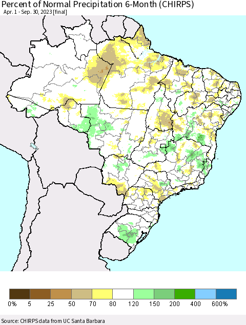 Brazil Percent of Normal Precipitation 6-Month (CHIRPS) Thematic Map For 4/1/2023 - 9/30/2023