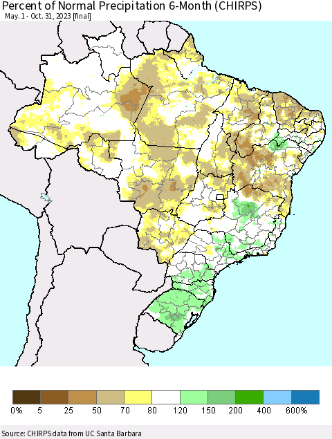 Brazil Percent of Normal Precipitation 6-Month (CHIRPS) Thematic Map For 5/1/2023 - 10/31/2023