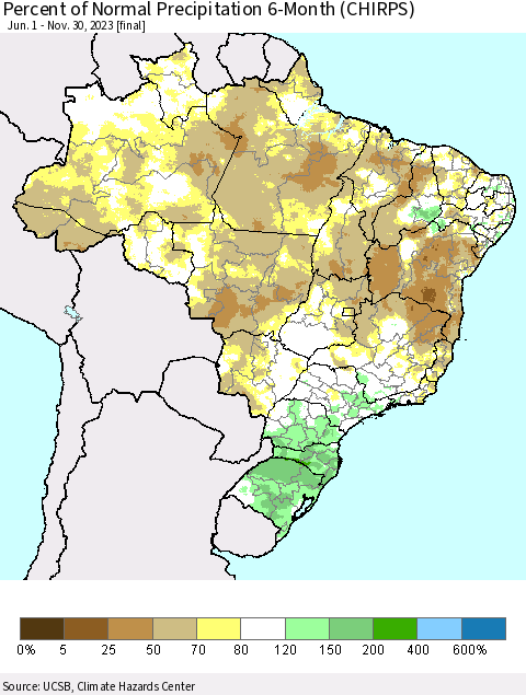Brazil Percent of Normal Precipitation 6-Month (CHIRPS) Thematic Map For 6/1/2023 - 11/30/2023