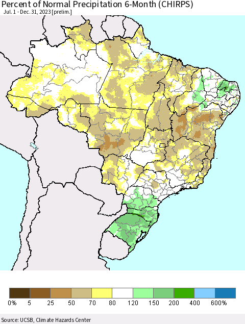 Brazil Percent of Normal Precipitation 6-Month (CHIRPS) Thematic Map For 7/1/2023 - 12/31/2023