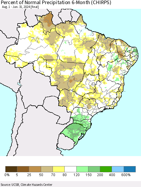 Brazil Percent of Normal Precipitation 6-Month (CHIRPS) Thematic Map For 8/1/2023 - 1/31/2024