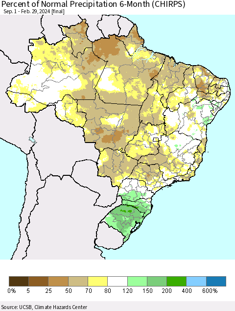 Brazil Percent of Normal Precipitation 6-Month (CHIRPS) Thematic Map For 9/1/2023 - 2/29/2024