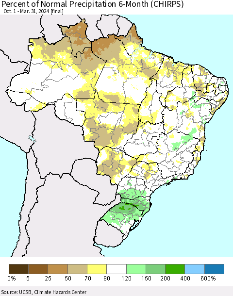 Brazil Percent of Normal Precipitation 6-Month (CHIRPS) Thematic Map For 10/1/2023 - 3/31/2024