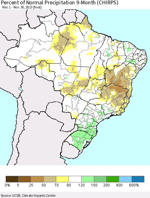 Brazil Percent of Normal Precipitation 9-Month (CHIRPS) Thematic Map For 3/1/2023 - 11/30/2023