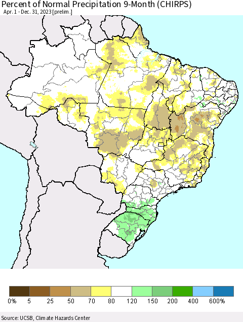 Brazil Percent of Normal Precipitation 9-Month (CHIRPS) Thematic Map For 4/1/2023 - 12/31/2023
