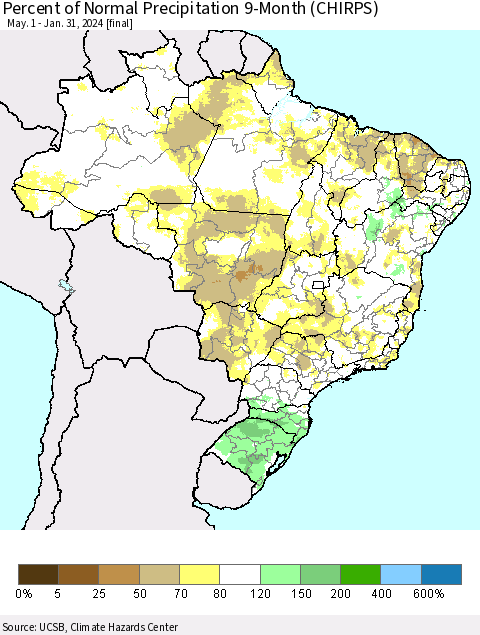 Brazil Percent of Normal Precipitation 9-Month (CHIRPS) Thematic Map For 5/1/2023 - 1/31/2024