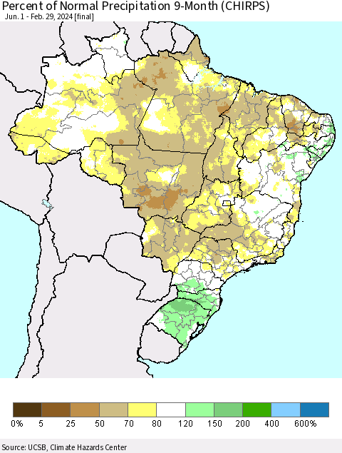 Brazil Percent of Normal Precipitation 9-Month (CHIRPS) Thematic Map For 6/1/2023 - 2/29/2024