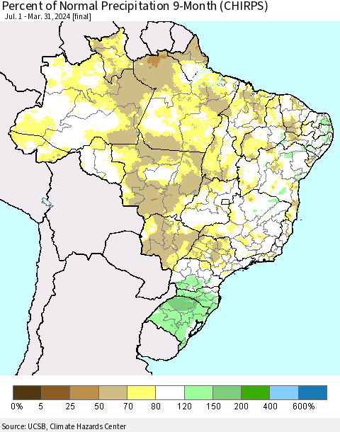 Brazil Percent of Normal Precipitation 9-Month (CHIRPS) Thematic Map For 7/1/2023 - 3/31/2024