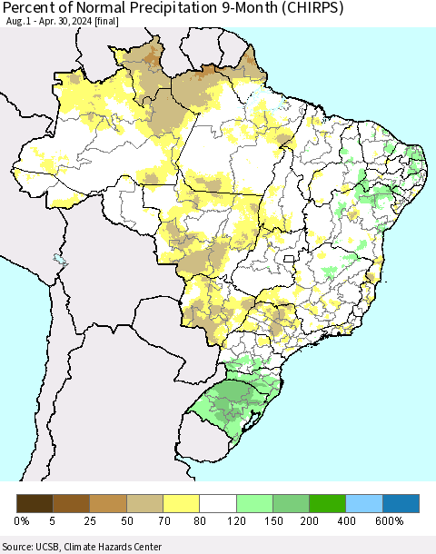Brazil Percent of Normal Precipitation 9-Month (CHIRPS) Thematic Map For 8/1/2023 - 4/30/2024