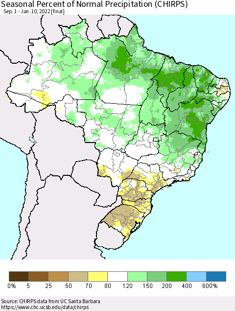 Brazil Seasonal Percent of Normal Precipitation (CHIRPS) Thematic Map For 9/1/2021 - 1/10/2022