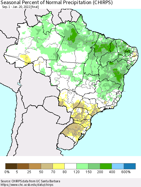 Brazil Seasonal Percent of Normal Precipitation (CHIRPS) Thematic Map For 9/1/2021 - 1/20/2022