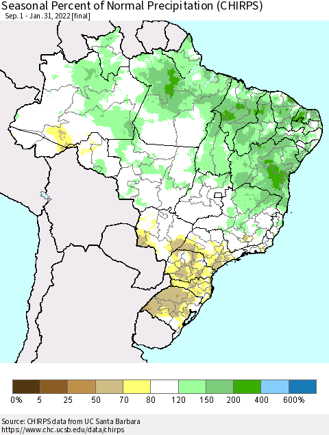 Brazil Seasonal Percent of Normal Precipitation (CHIRPS) Thematic Map For 9/1/2021 - 1/31/2022
