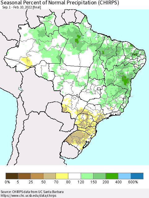 Brazil Seasonal Percent of Normal Precipitation (CHIRPS) Thematic Map For 9/1/2021 - 2/10/2022