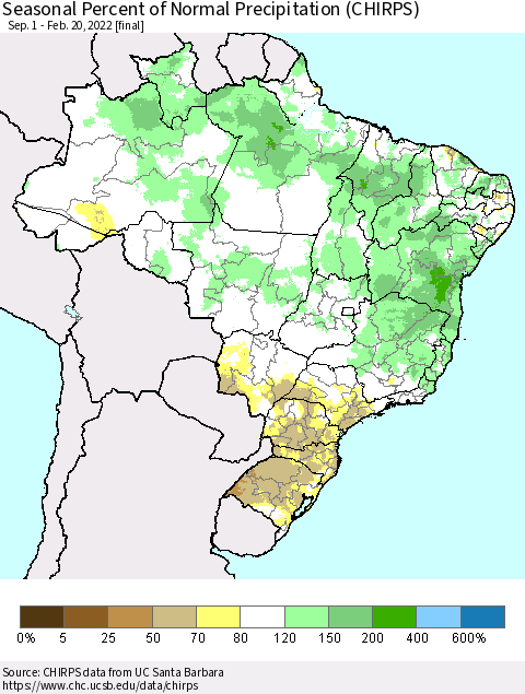 Brazil Seasonal Percent of Normal Precipitation (CHIRPS) Thematic Map For 9/1/2021 - 2/20/2022