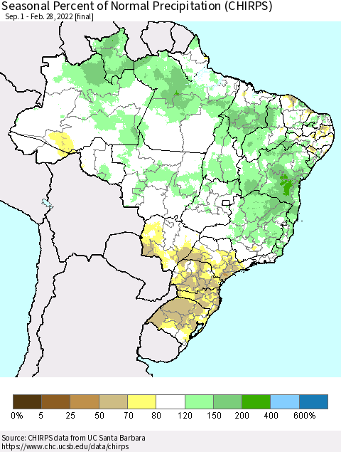 Brazil Seasonal Percent of Normal Precipitation (CHIRPS) Thematic Map For 9/1/2021 - 2/28/2022