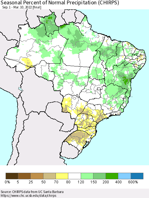 Brazil Seasonal Percent of Normal Precipitation (CHIRPS) Thematic Map For 9/1/2021 - 3/10/2022