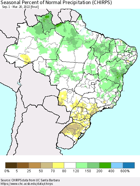Brazil Seasonal Percent of Normal Precipitation (CHIRPS) Thematic Map For 9/1/2021 - 3/20/2022