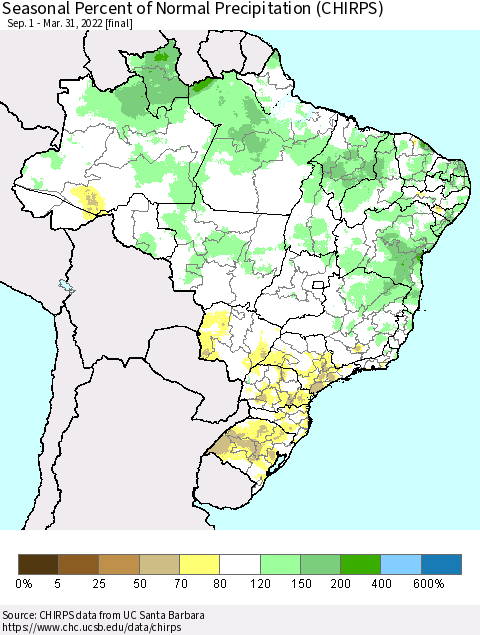 Brazil Seasonal Percent of Normal Precipitation (CHIRPS) Thematic Map For 9/1/2021 - 3/31/2022