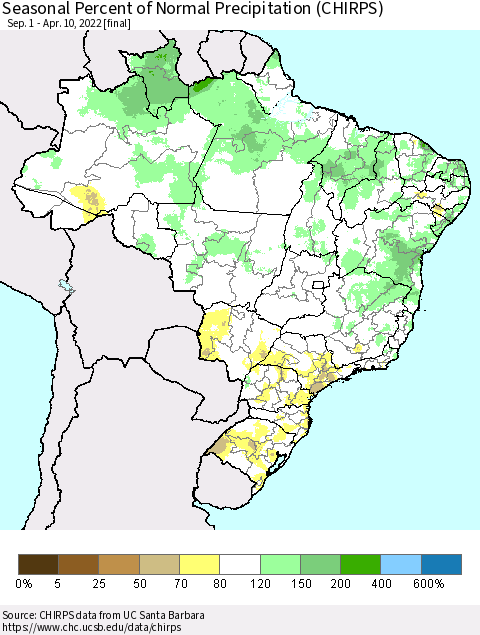 Brazil Seasonal Percent of Normal Precipitation (CHIRPS) Thematic Map For 9/1/2021 - 4/10/2022