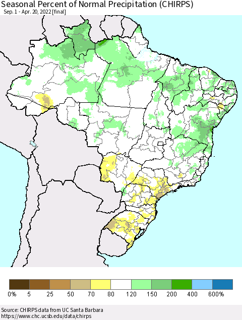 Brazil Seasonal Percent of Normal Precipitation (CHIRPS) Thematic Map For 9/1/2021 - 4/20/2022