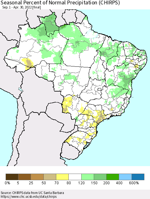 Brazil Seasonal Percent of Normal Precipitation (CHIRPS) Thematic Map For 9/1/2021 - 4/30/2022