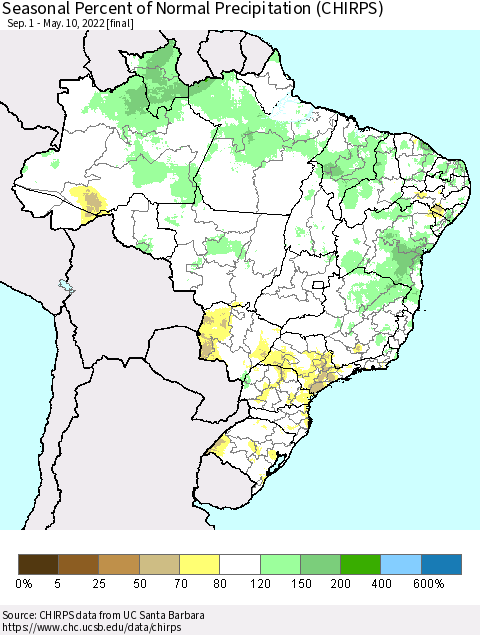 Brazil Seasonal Percent of Normal Precipitation (CHIRPS) Thematic Map For 9/1/2021 - 5/10/2022